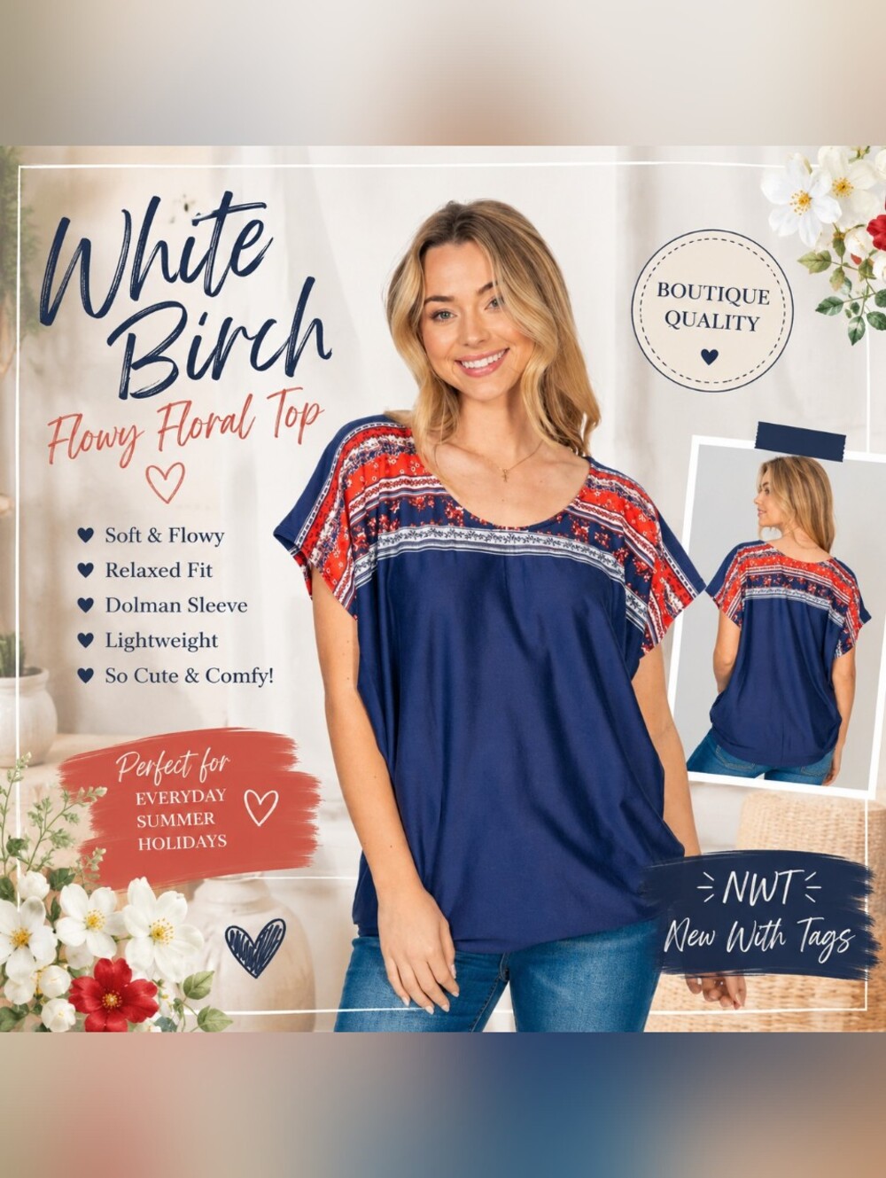 White Birch Navy Floral Boho Blouse Red Blue Dolman Short Sleeve Top NWT